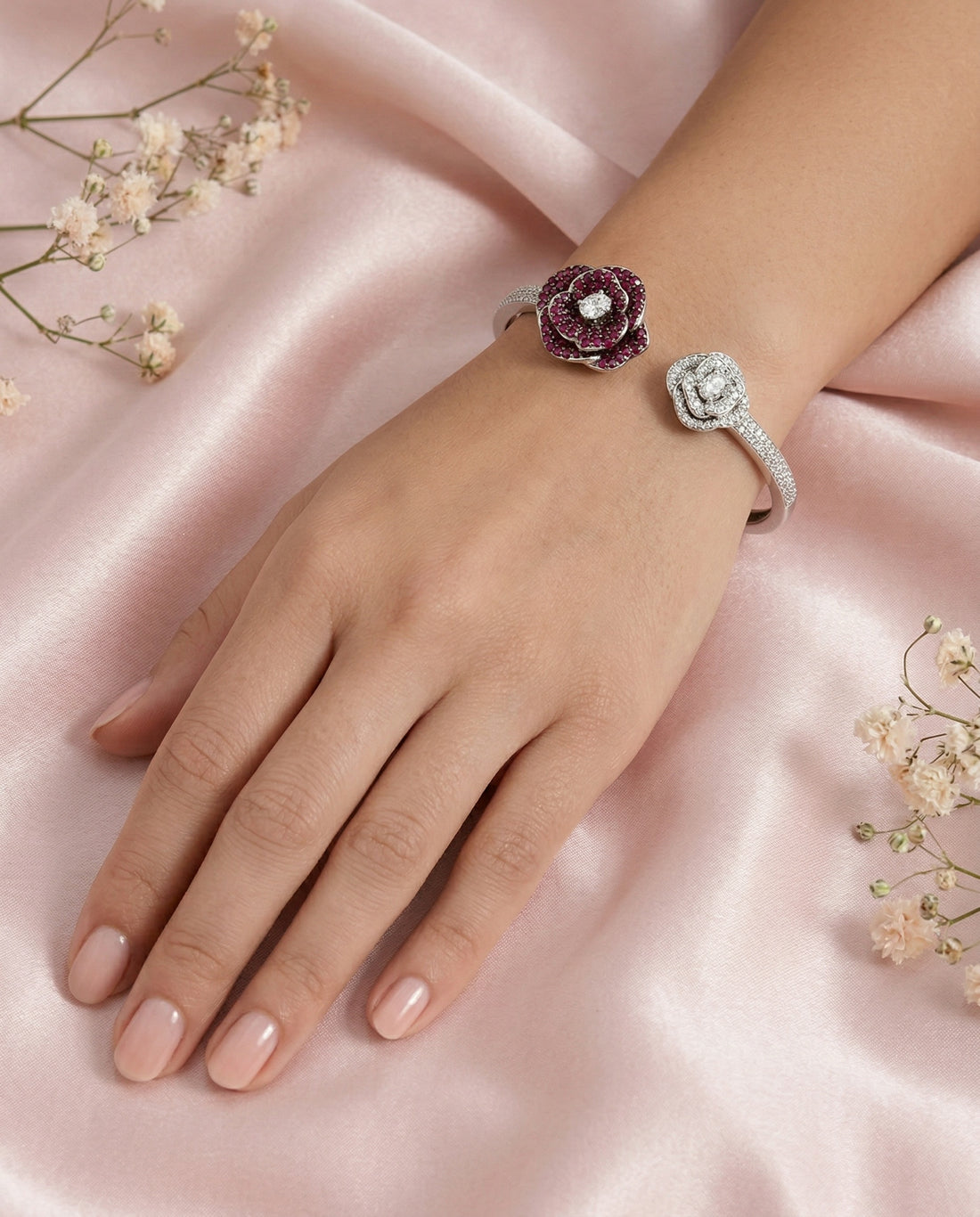 Ruby With Diamond Floral Bangle  (T.wt 3.58 ct)