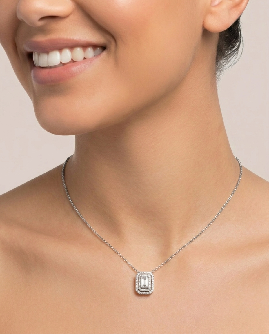 Classic Halo Emerald Cut Diamond Pendant Necklace (T wt. 4.25 ct)