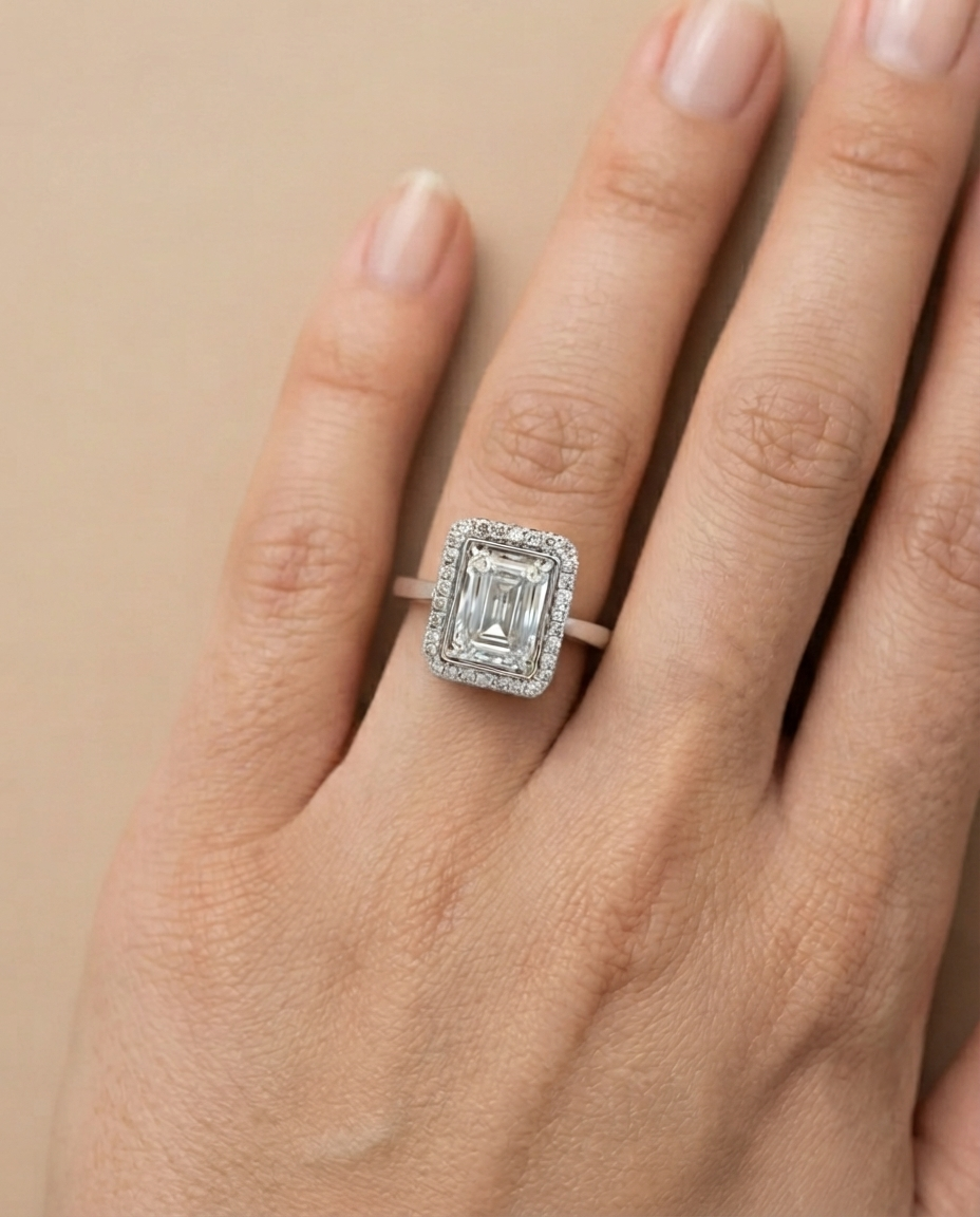 Classic Halo Emerald Cut Diamond Ring (T wt. 4.25 ct)