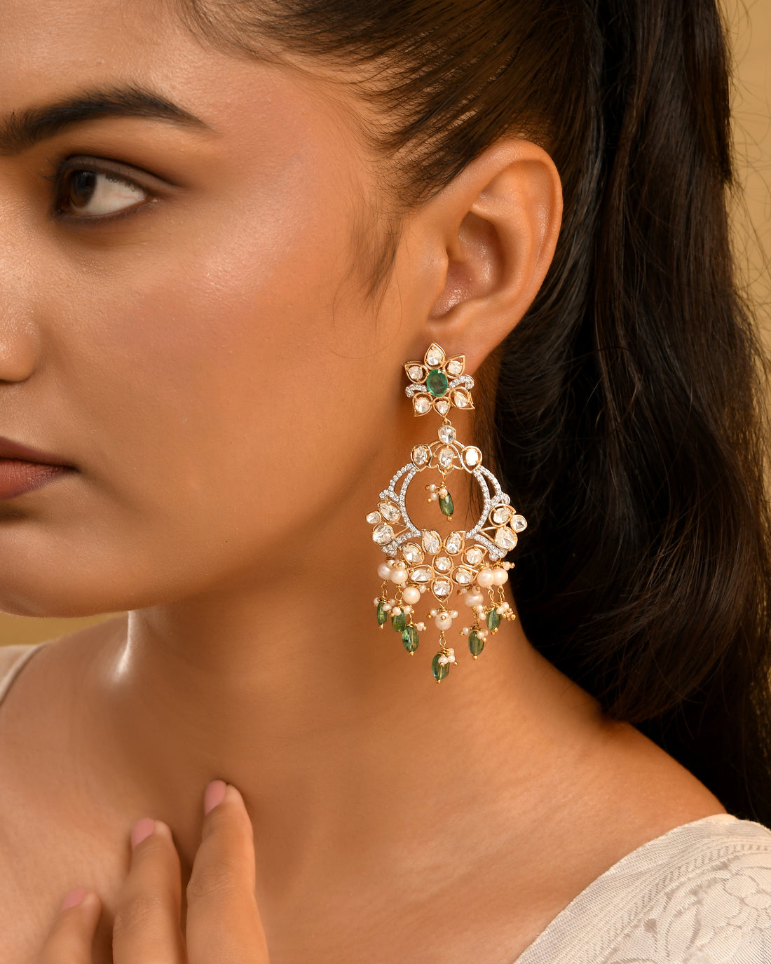 Imperial Emerald & Pearl Polki Chandbalis