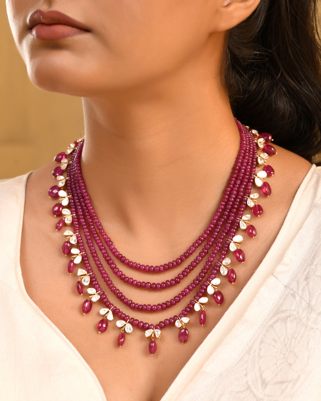 Multi-Strand Ruby Bead and Diamond Drop Necklace