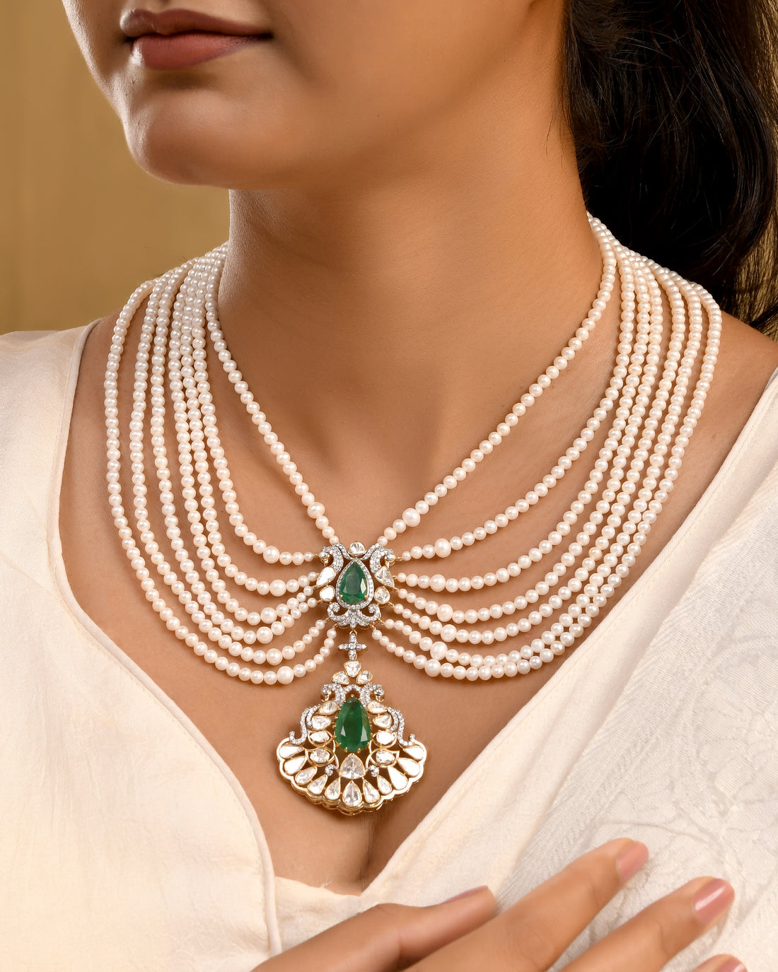 Royal Emerald & Multi-Strand Pearl Necklace