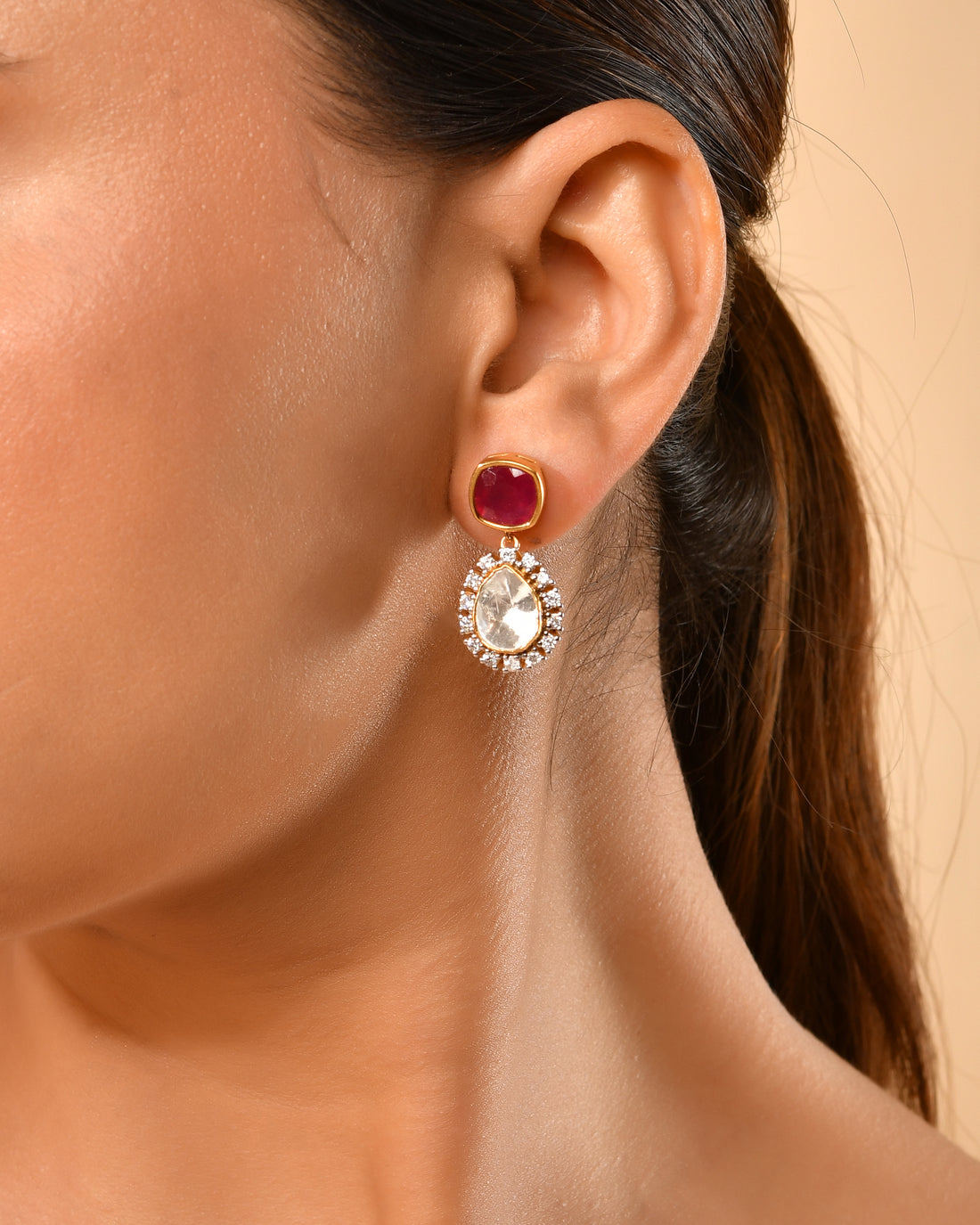 Ruby Polki Drop Earings  (T wt. 7.42 ct)