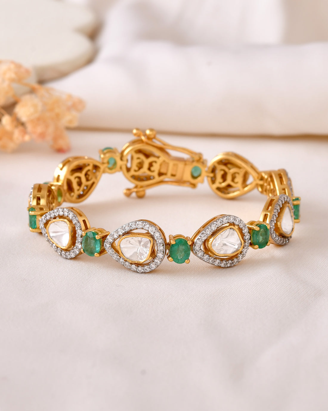 2-in-1 Polki Diamond & Natural Emerald Bracelet Necklace