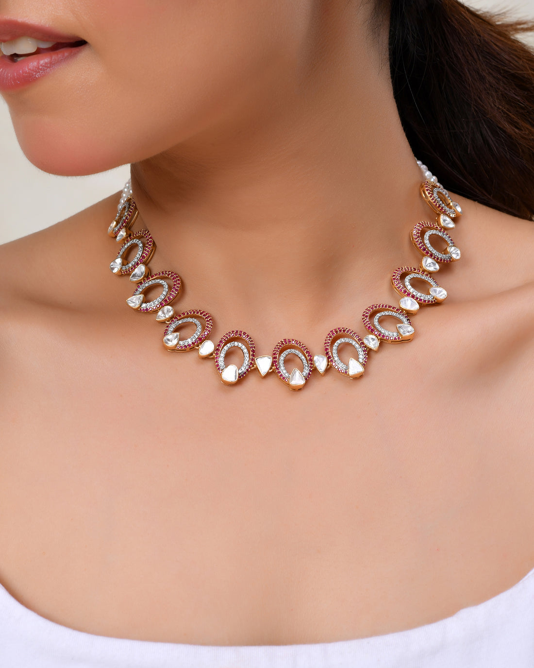 Diamond Polki Ruby Strand Pearl Necklace