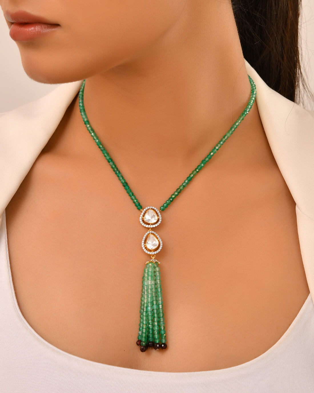 Double Polki  Green Onyx Necklace (T.wt 53.91 ct)