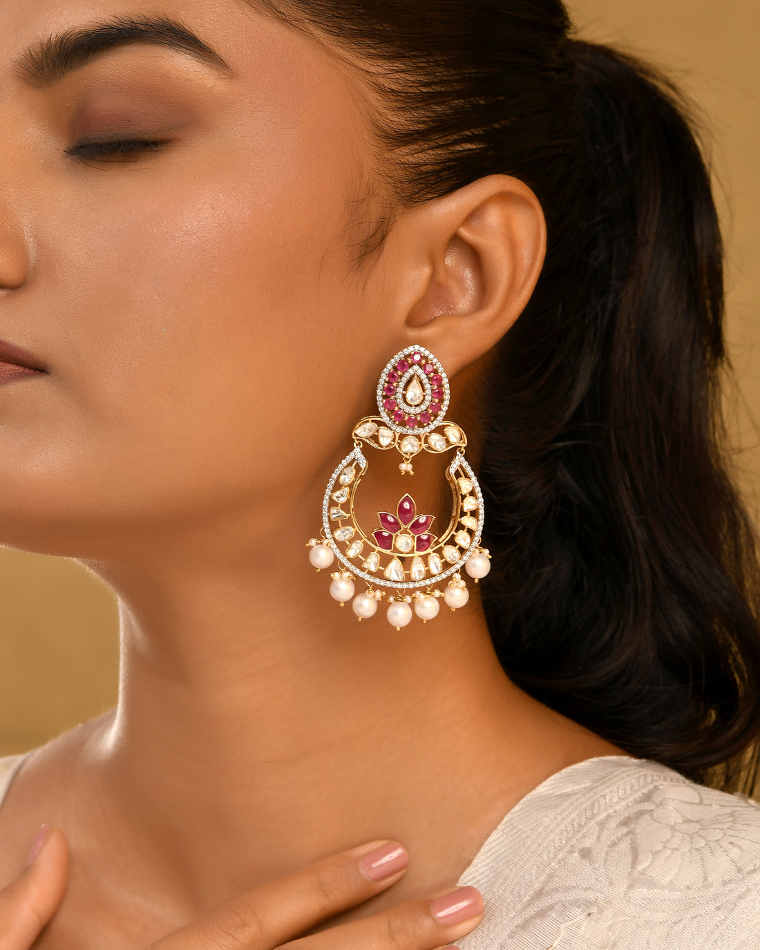 Regal Ruby & Pearl Crescent Chandbalis