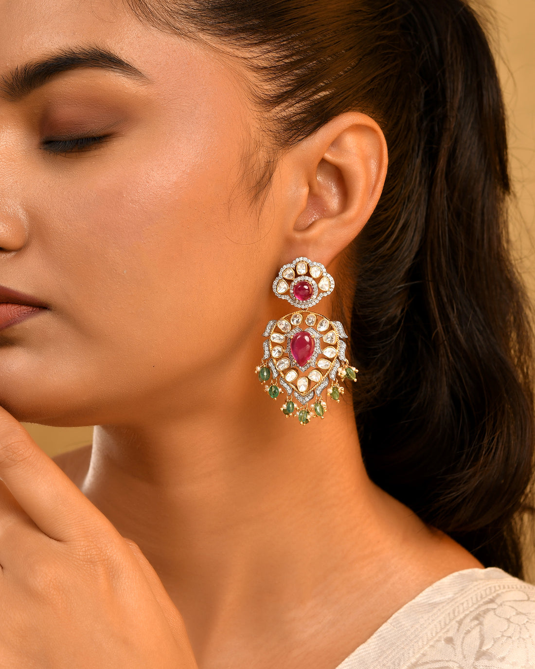 Regal Ruby, Emerald & Polki Statement Earrings