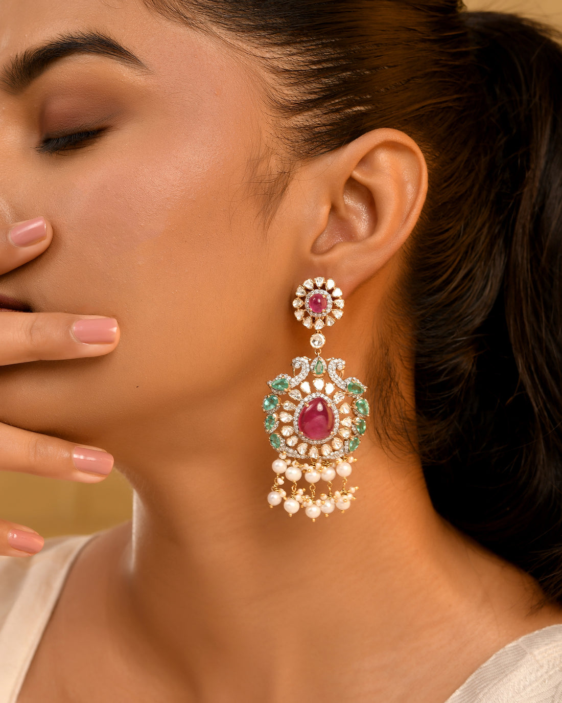Regal Ruby, Emerald & Polki Gold Jhumki Earrings with Pearls