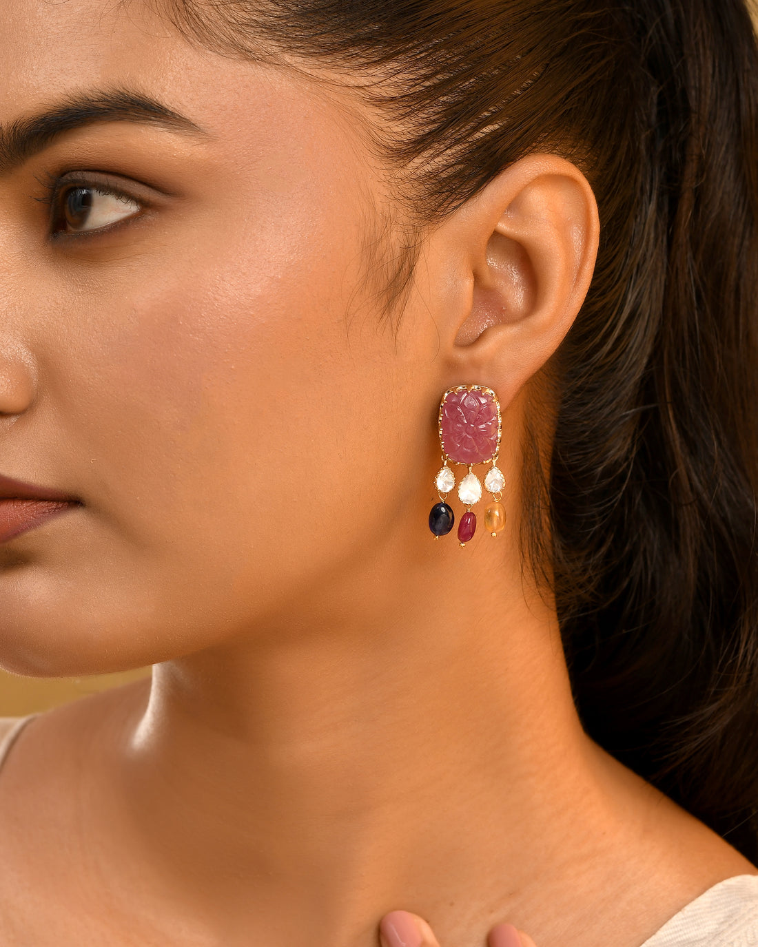 Carved Ruby & Multigem Drop Earrings