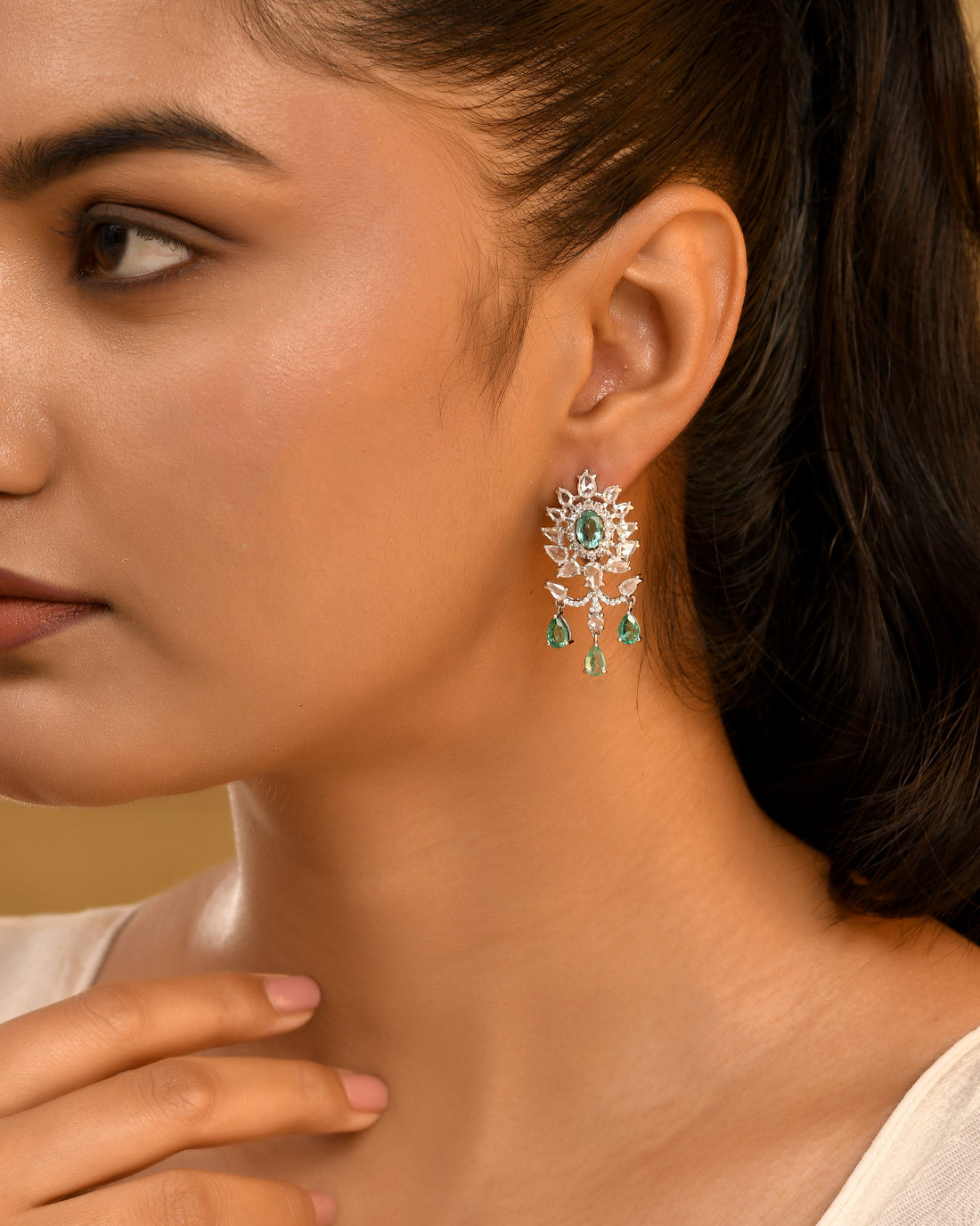Radiant Emerald and Diamond Cluster Drop Earrings
