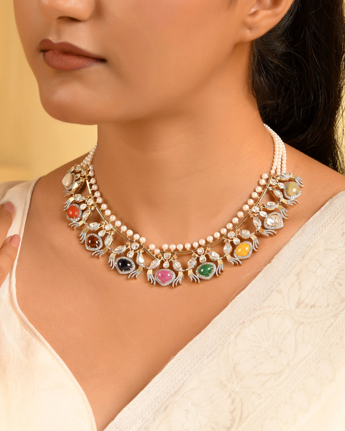 Navratna Royal Multi-Strand Pearl Statement Necklace