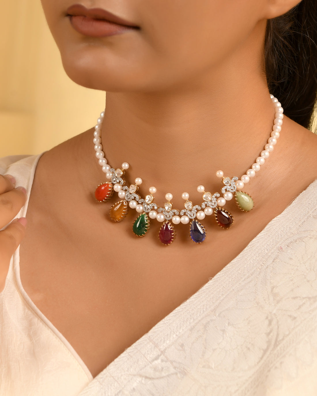Multigemstone Navratna & Pearl Statement Necklace