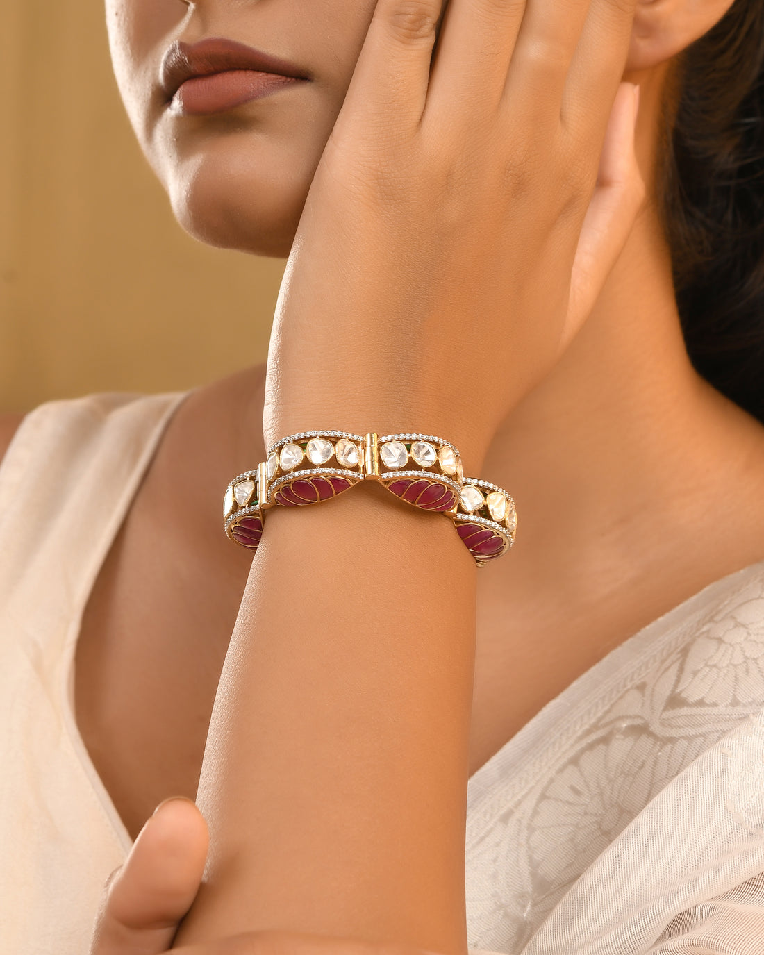 Enamelled Emerald & Polki Diamond Gold Bangle