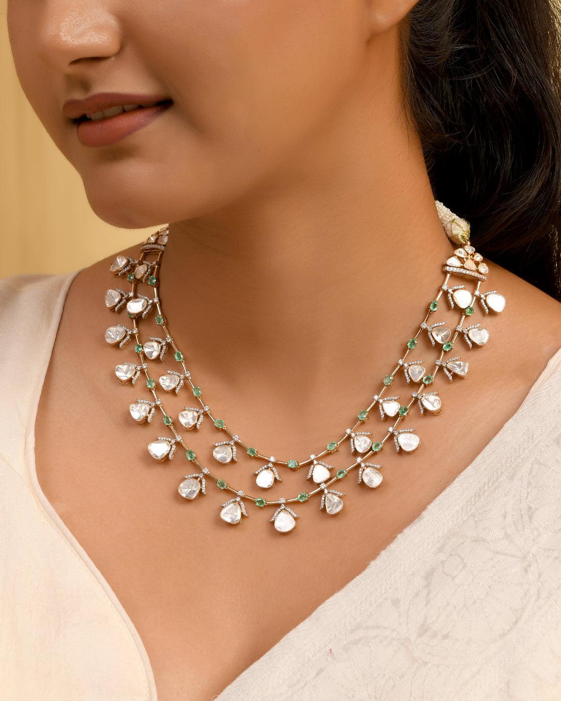 Double-Strand Polki Diamond & Emerald Long Necklace