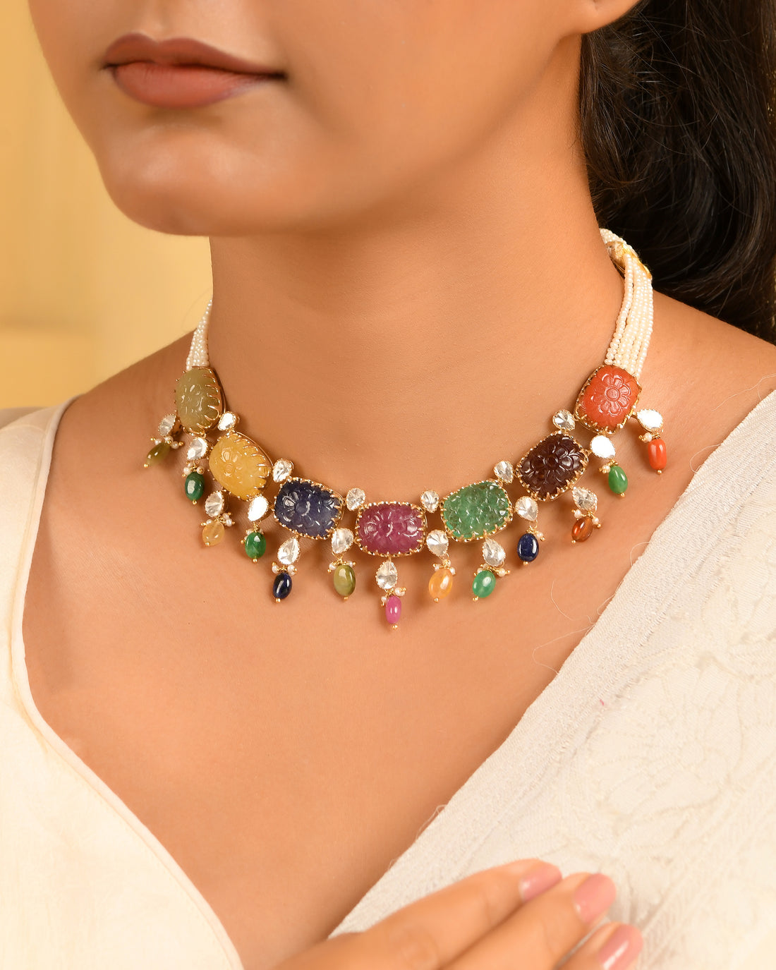 Navratna Carved Gemstone Multi-Strand Statement Necklace