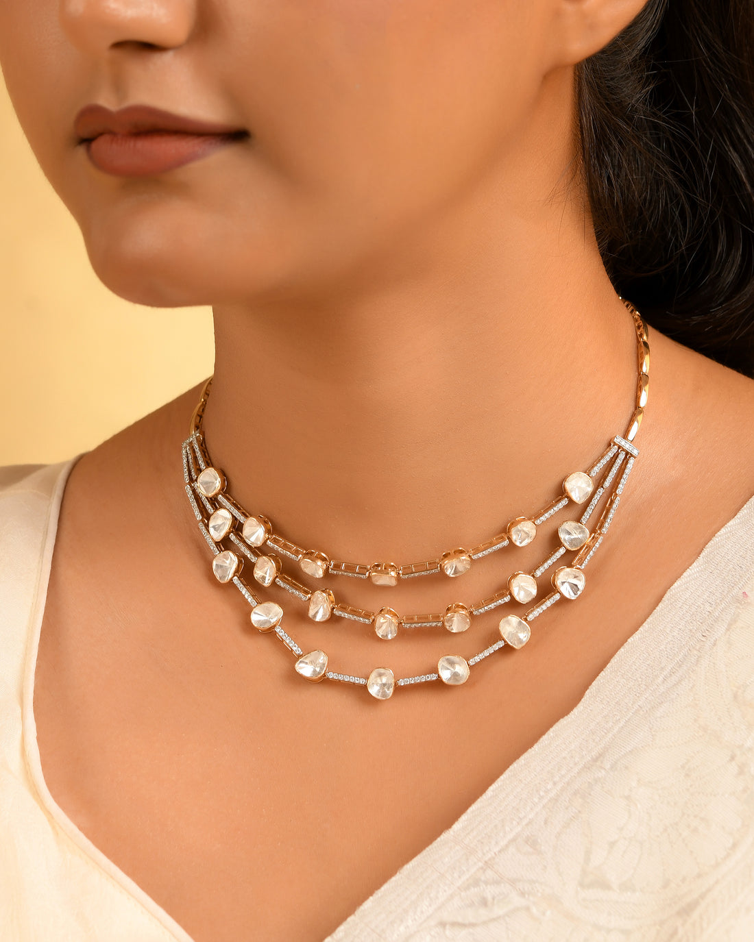 Triple-Line Diamond Polki Necklace
