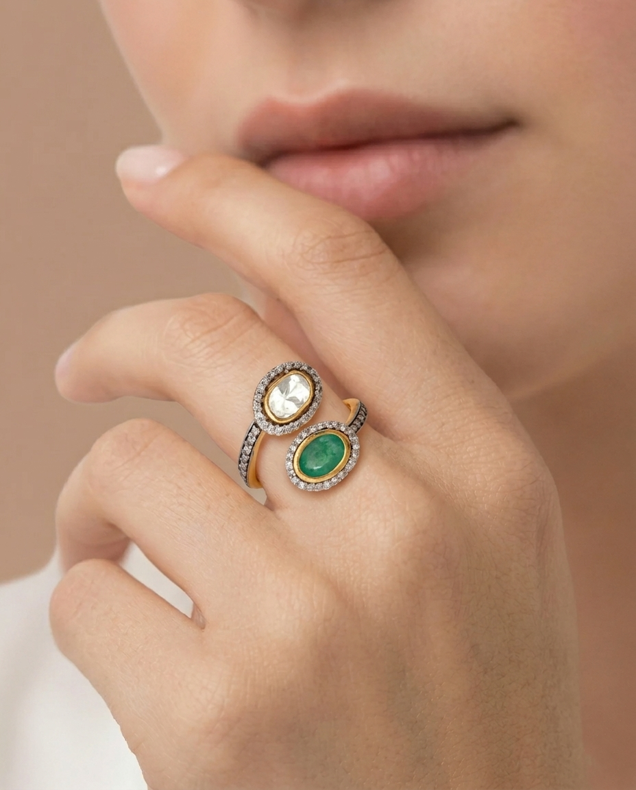 Double Polki Emerald Ring  (T wt. 1.94 ct)
