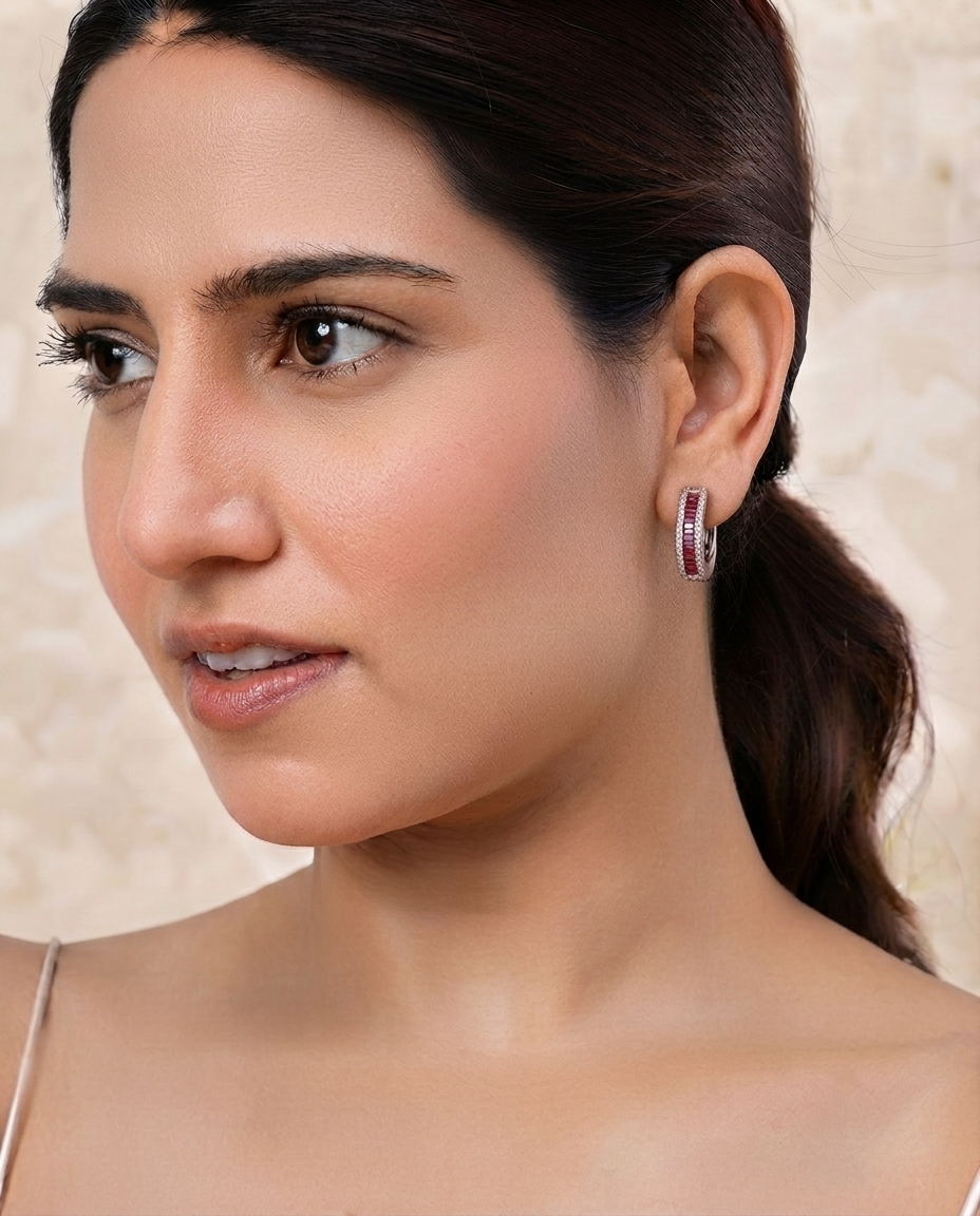 Mozambique Ruby & Diamond Channel Hoop Earrings