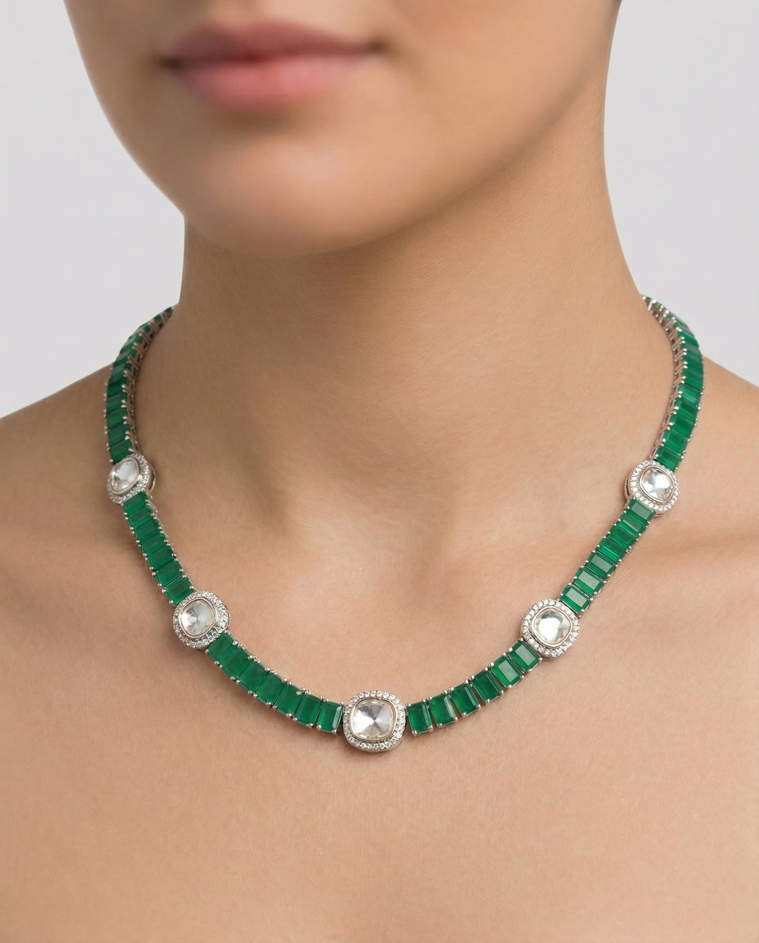 Green Onyx Polki Necklace (T wt. 52.07 ct)