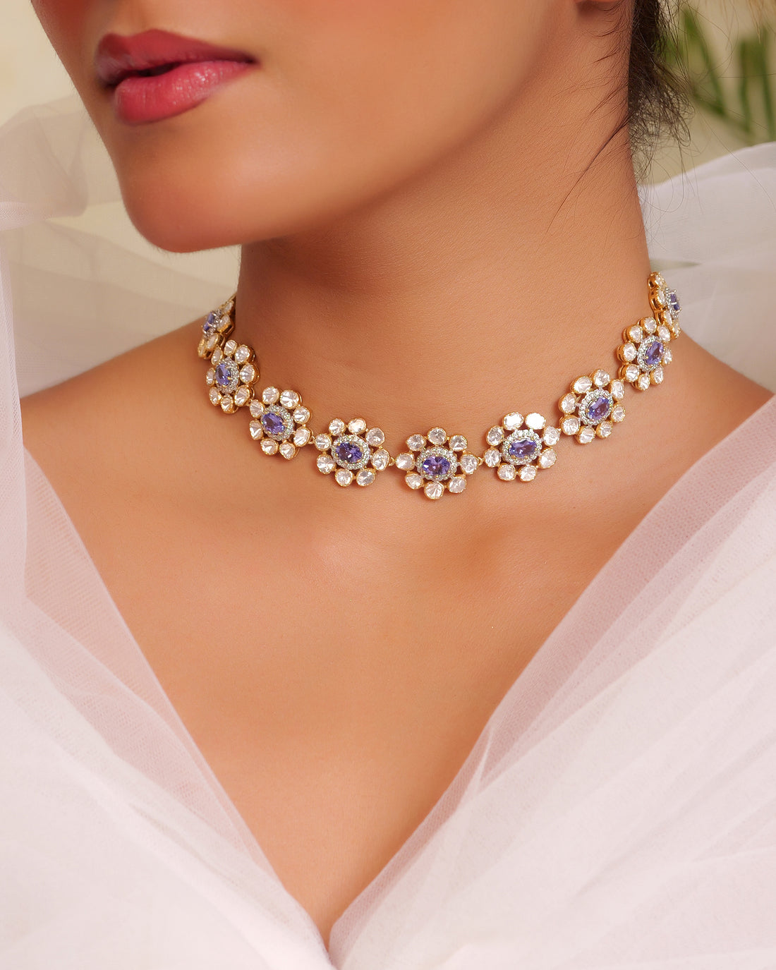 Tanzanite & Lab Grown Polki Diamond Floral Necklace