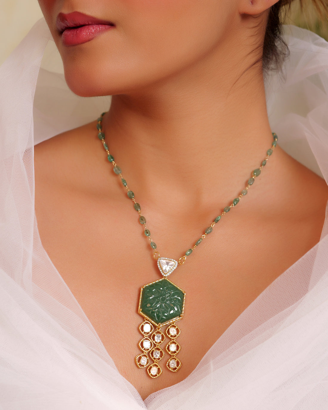 Vintage-Inspired Aventurine Carved Polki Necklace