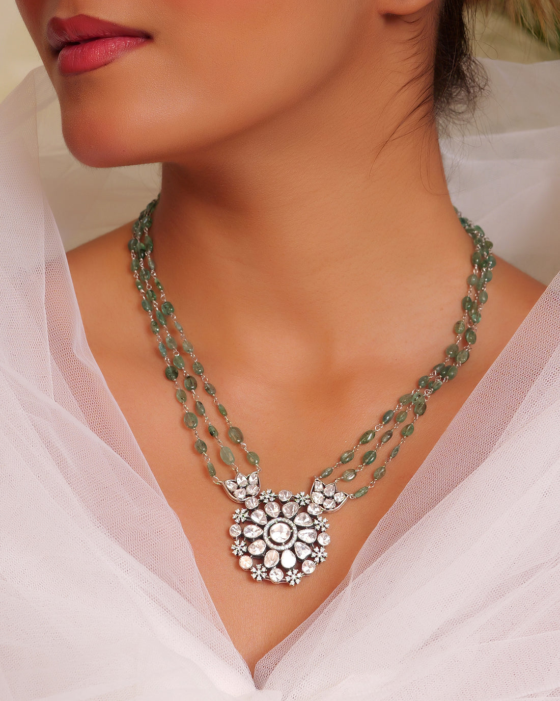 Emerald Mala Necklace with Diamond  Polki Floral Necklace
