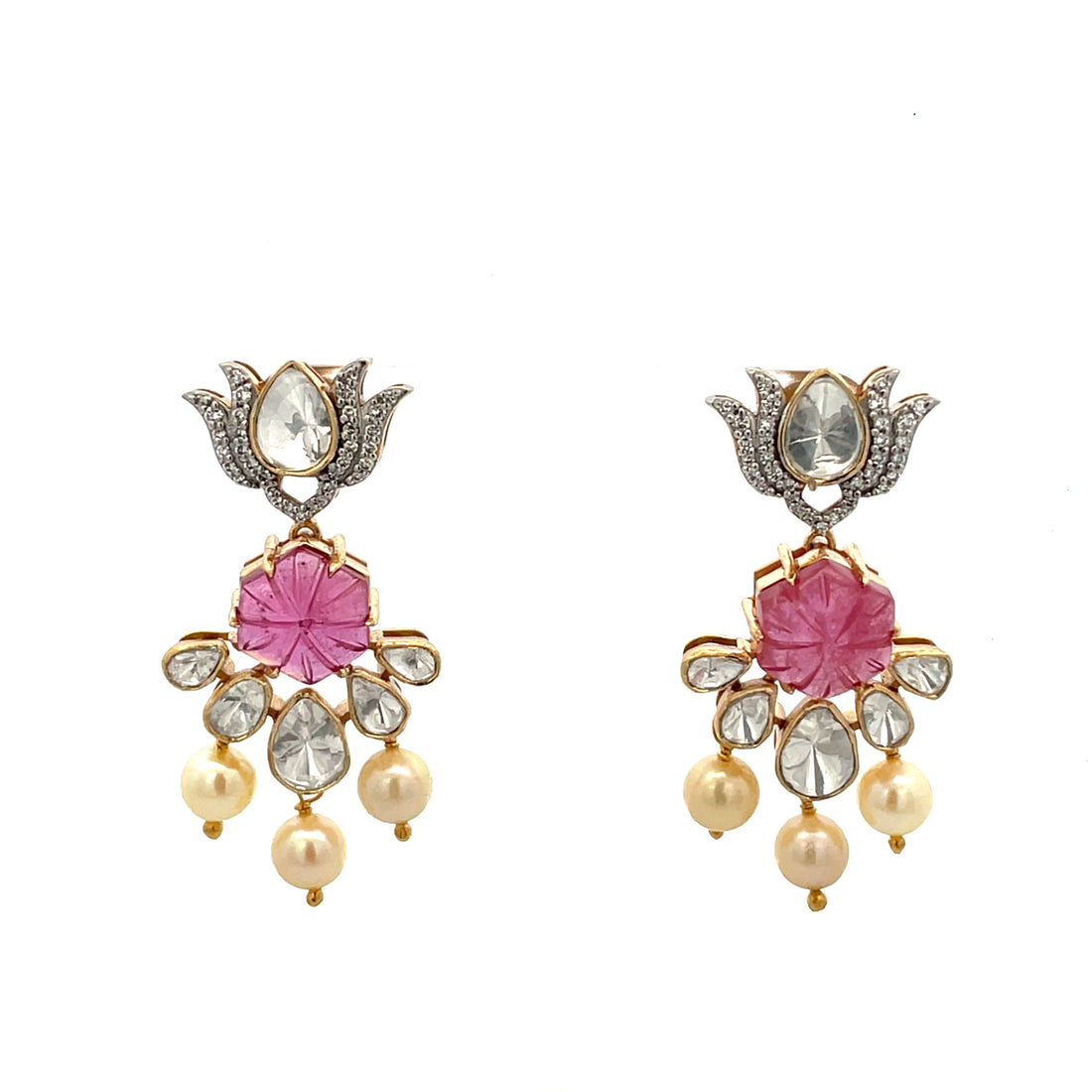 The Crimson Lotus Pear-Drop Polki and Pearl Earrings