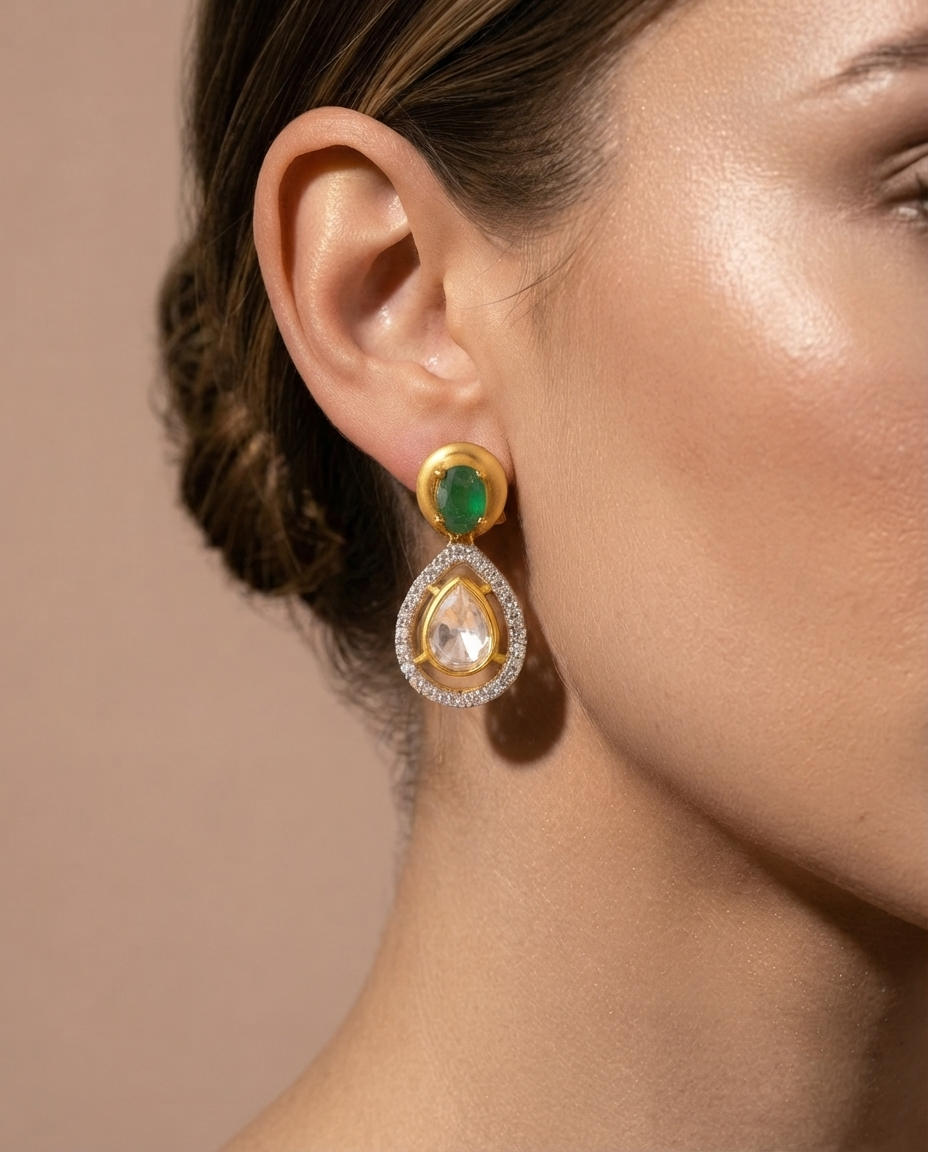 Emerald & Pear-Halo Gold Drop Earrings