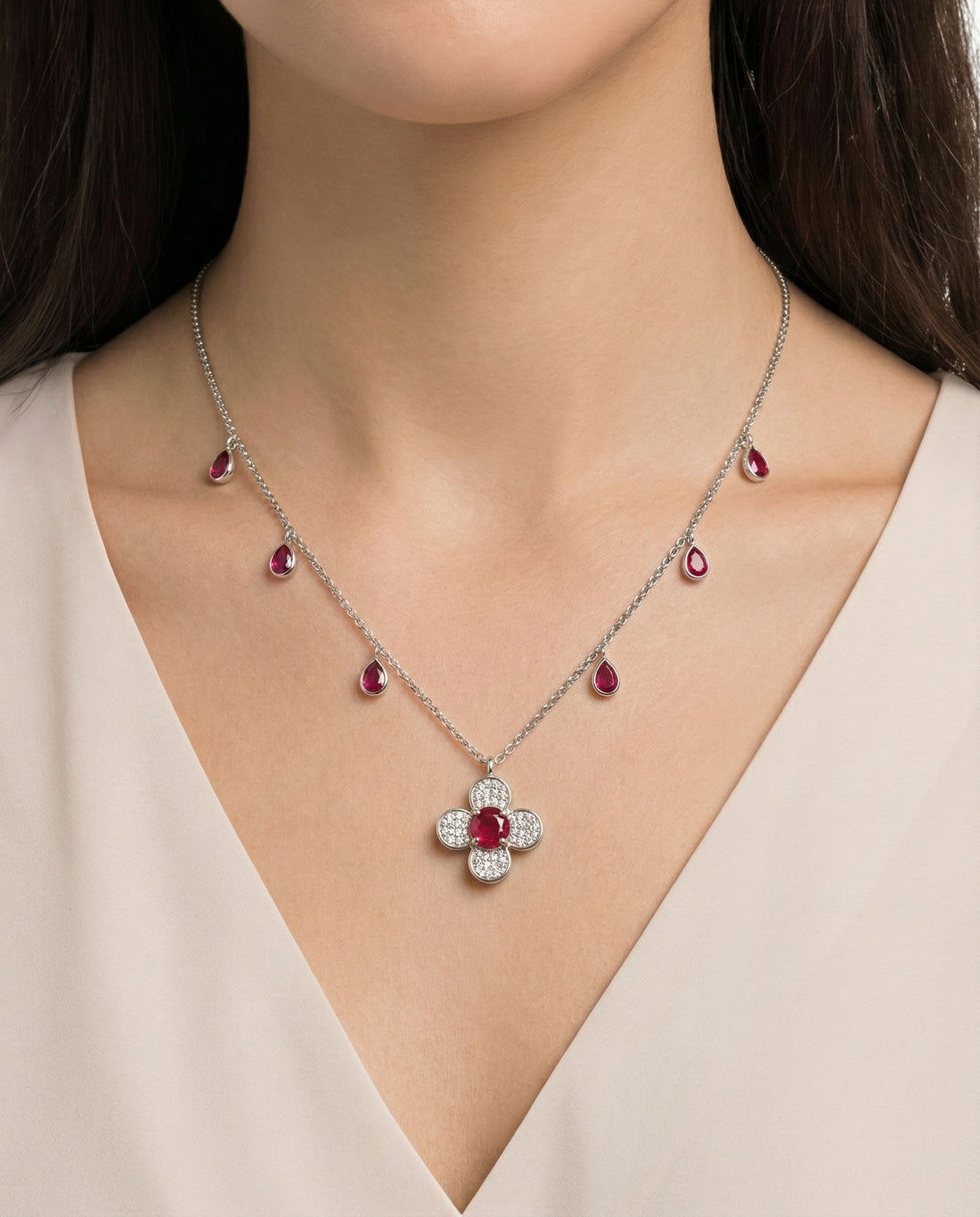 Ruby Clover Drop Diamond Necklace (T.wt 5.67 ct)