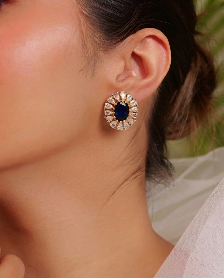 Royal Blue Sapphire & Pear-Halo Gold Studs