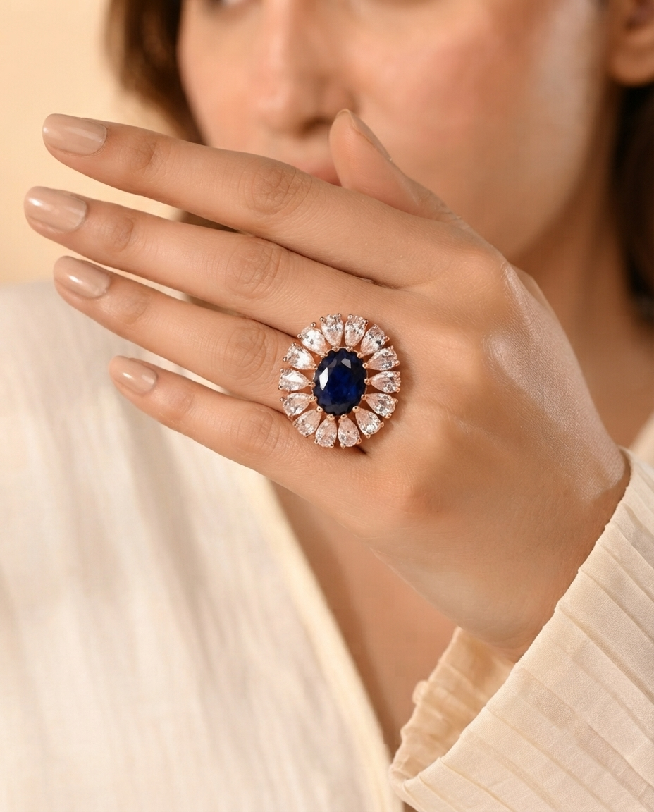 Royal Blue Sapphire & Pear-Halo Gold Cocktail Ring